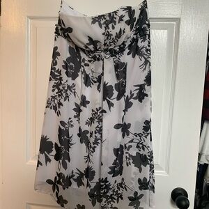 Strapless dress, size 14 petite, white with black flowers